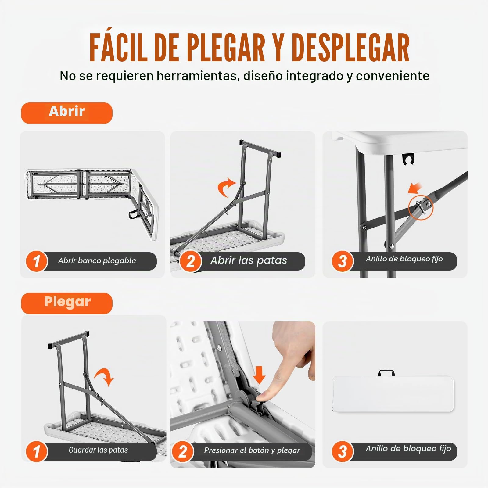 VEVOR Banco Plegable de Plástico Portátil de 183 mm, Banco de Exterior Impermeable de HDPE, Asiento de Comedor para Pícnic y Camping con Asa de Transporte, Blanco, 1820 x 280 x 430 mm, 2 Unidades