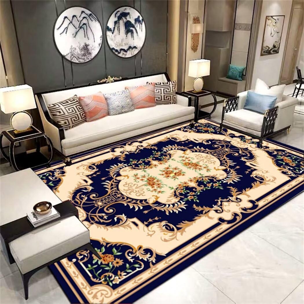 Tapis salon poil court bleu 130x190 cm à motif floral vintage