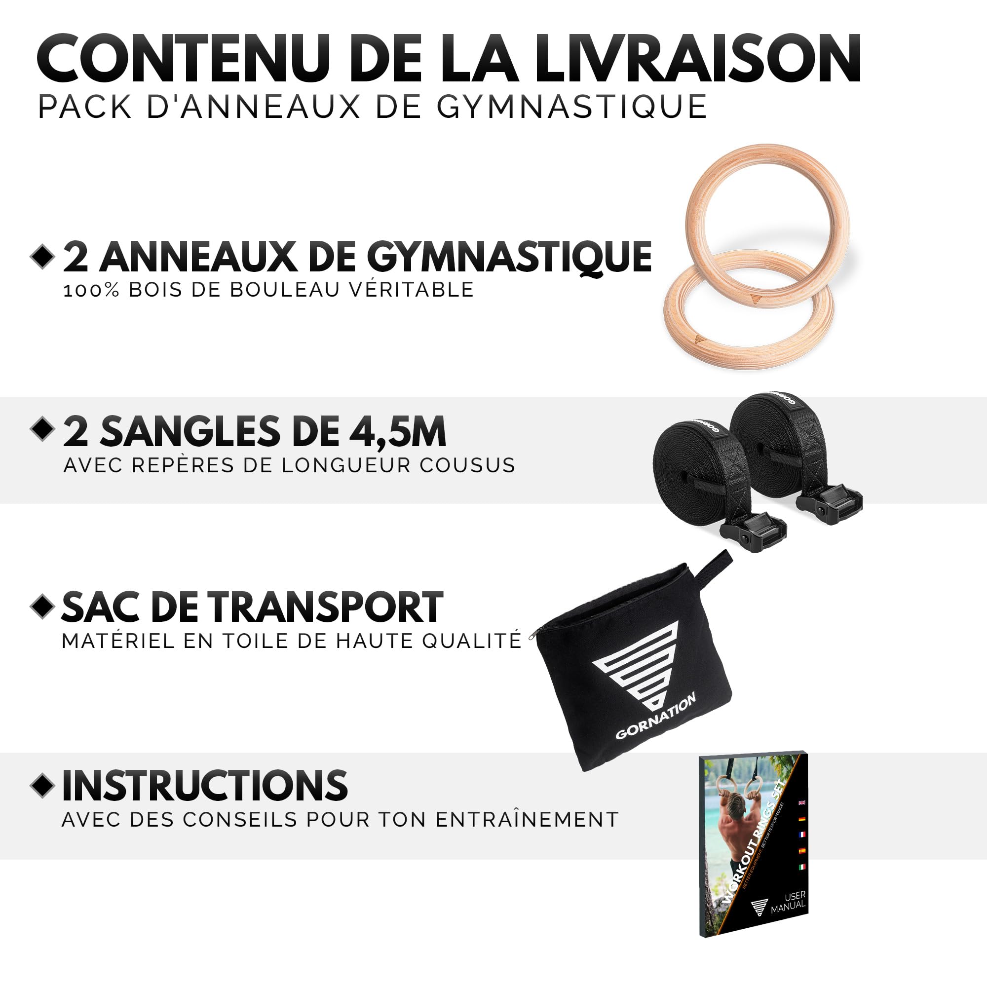 GORNATION Anneaux de Gymnastique en Bois, Anneaux Olympique pour Fitness, Sport, Street Workout, Gym, Musculation, Crossfitness, Anneau Gymnastique + Sangles et Sac pour Séances en Intérieur/Extérieur