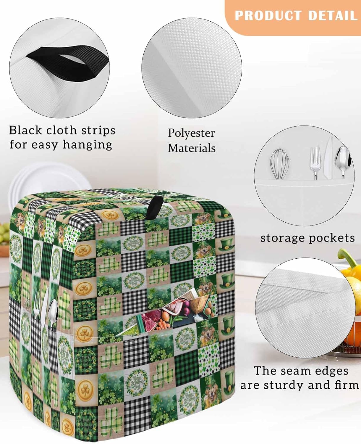 St. Patrick's Day Stand Mixer Cover with Storage Pocket, Waterproof Kitchen Mixer Covers, Green Hat Dog Lucky Shamrocks Black Check Kitchen Appliance Dust Cover Compatible with 4/4.5 Quart Mixers