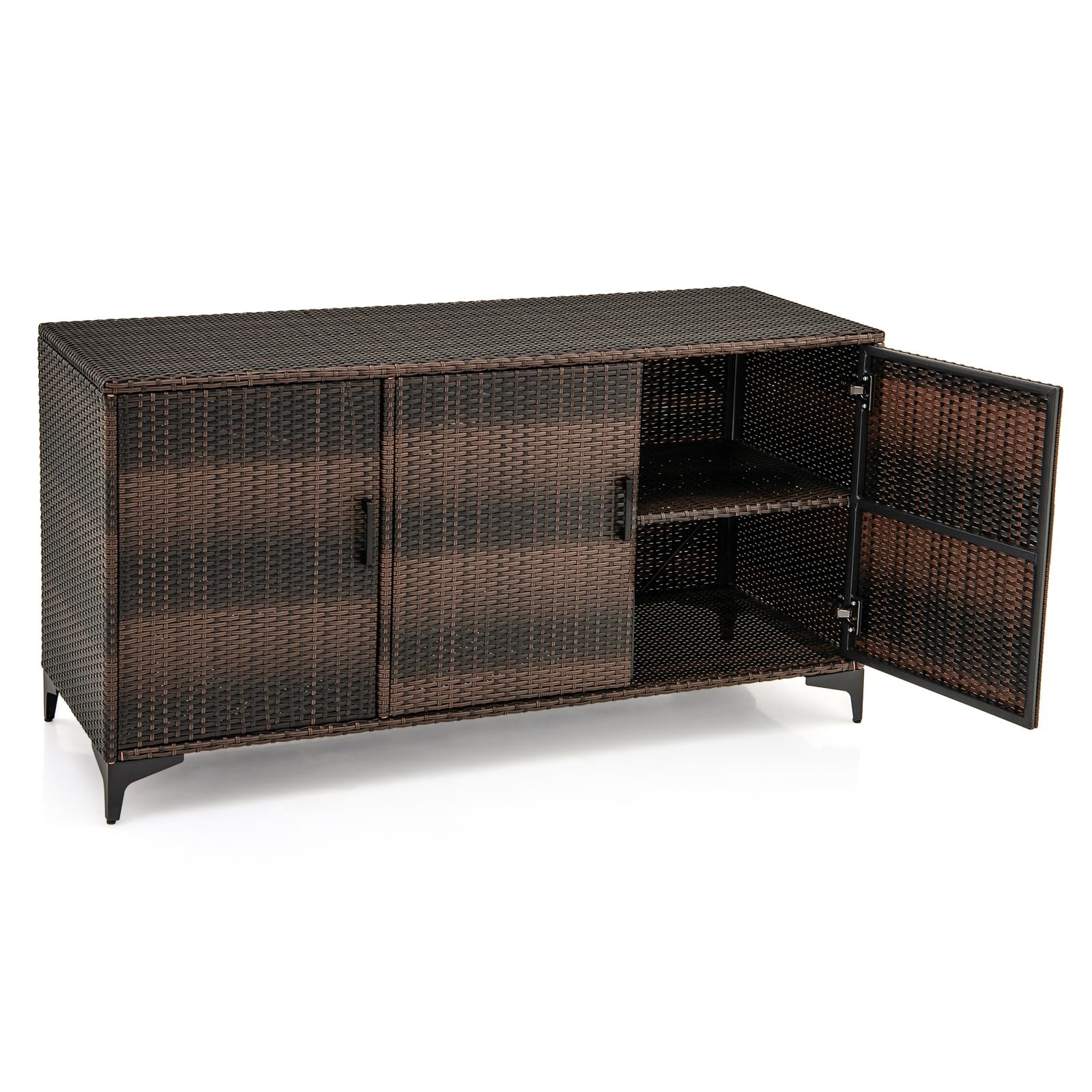 LIFEZEAL 318 L Coffre de Rangement Extérieur en Rotin PE avec 6 Compartiments, Etagères Amovibles, 3 Portes, Grande Boîte Etanche pour Balcon, Intérieur, 135x50x70,5 cm (Marron)