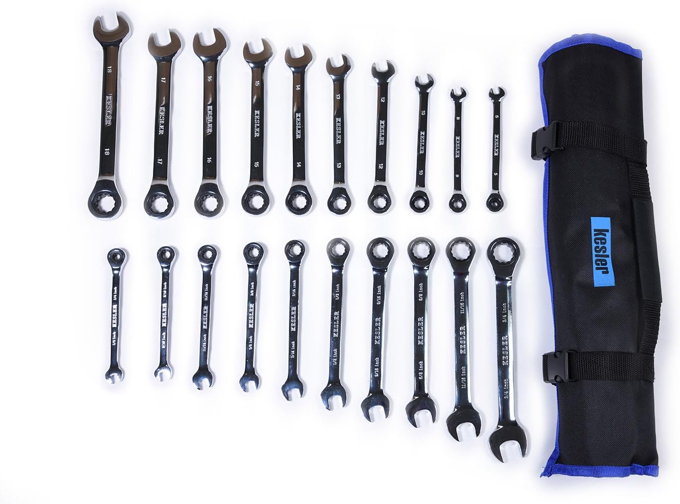 Kesler 20 Piece Full Polish SAE and Metric Ratcheting Wrench Set - Combination Ratchet Wrench Set with Roll-up Tool Bag
