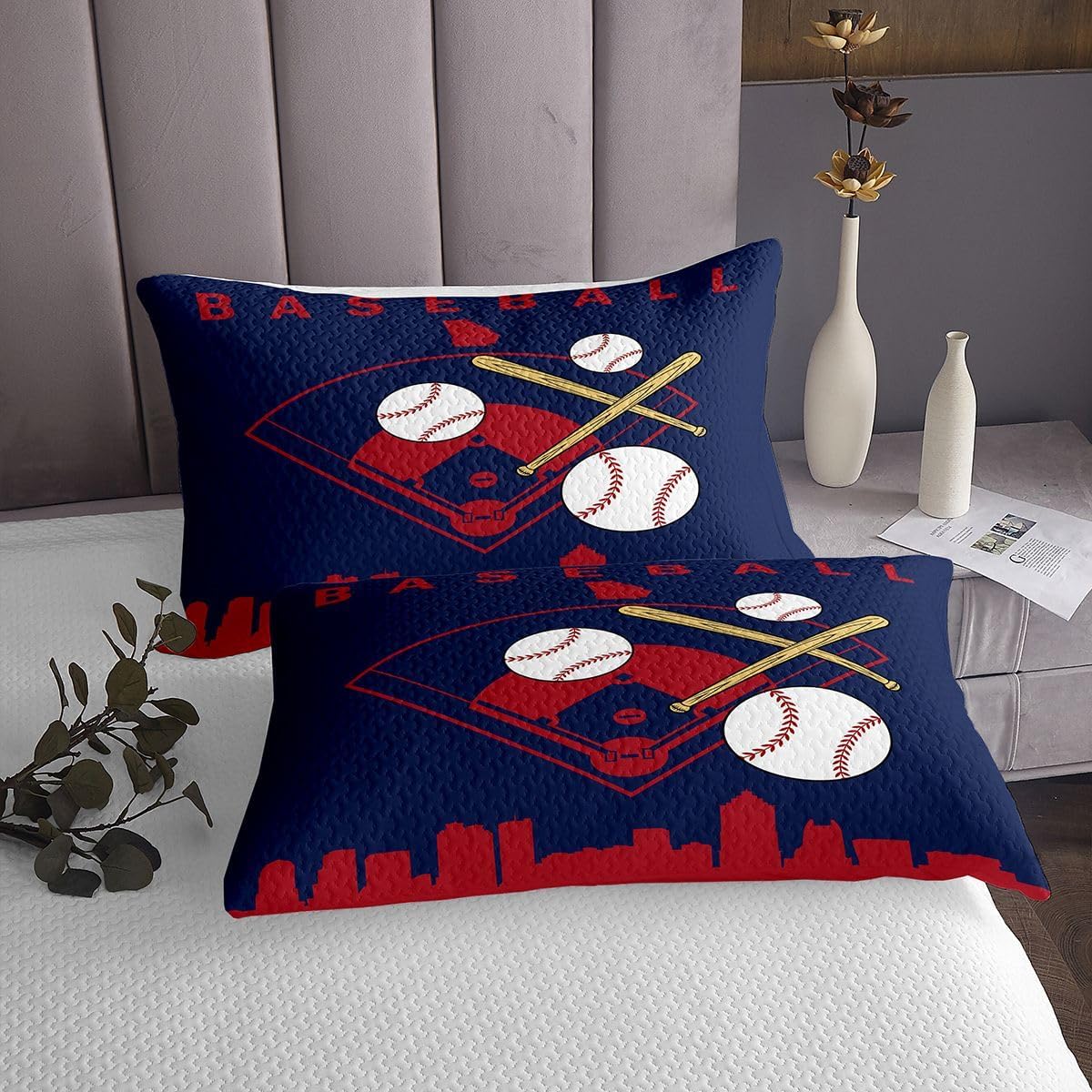 Erosebridal Baseball Sports Kids Coverlet Set 3 Piece Baseball Bat King Bedspread for Boys Teens Youth City Building Silhouette Quilt Set Softball Navy Blue Bedding Sets with 2 Pillow Cases