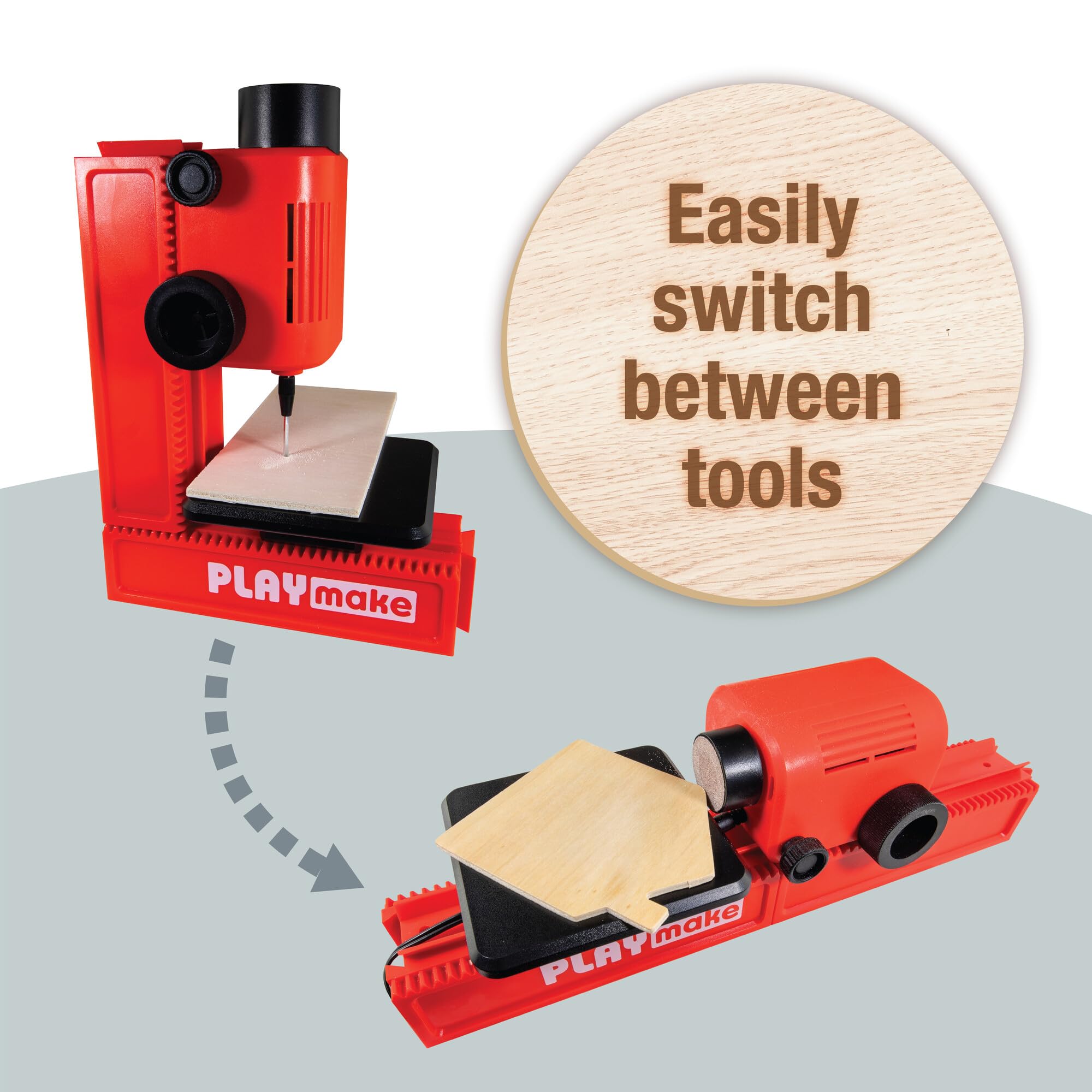 PLAYMAKE 4in1 Workshop - Kreativwerkstatt für Kinder ab 5 Jahren - Technikspielzeug für Holz und Karton - Sicheres Werkzeug für Kinder - 4 Funktionen in einem Spielzeug - Made in Austria | Sägen, Bohren, Schleifen und Drehen, MINT-Bildung für Kinder, 4 Fu