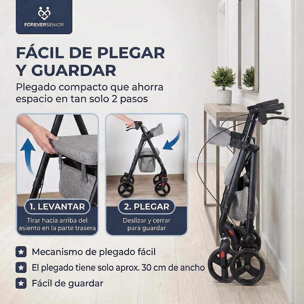 Andador Plegable y Ligero de 9 kg con Asiento – Rollator para Ancianos con Estructura de Acero, Bolsa y Respaldo Acolchado – Andador Estrecho para Interior y Exterior