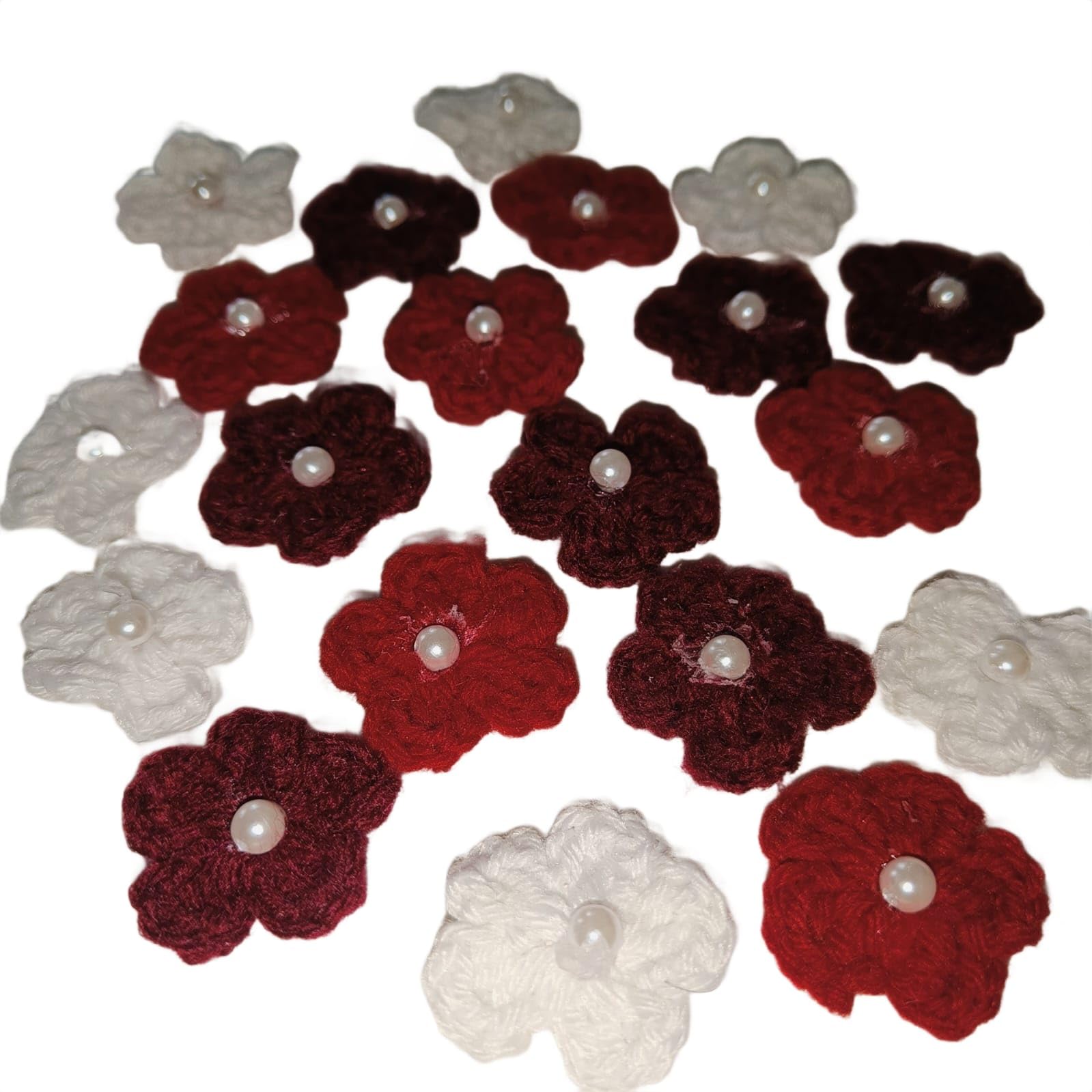 Handmade Woolen Crochet Flowers with Pearl Centre, Multicolour, 5 Petal, Set of 20 Decorative Craft Pieces-image-26