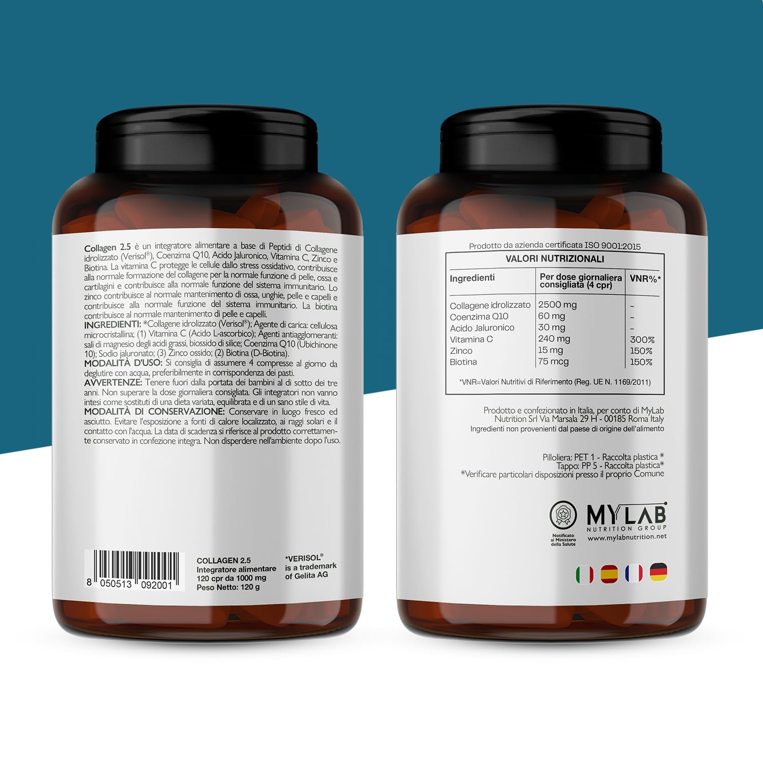 Collagene Idrolizzato Verisol® 2500 mg + Acido Ialuronico + Coenzima Q10 - Integratore Pelle, Capelli e Ossa con Biotina, Zinco e Vitamina C - 240 compresse, Nutracle