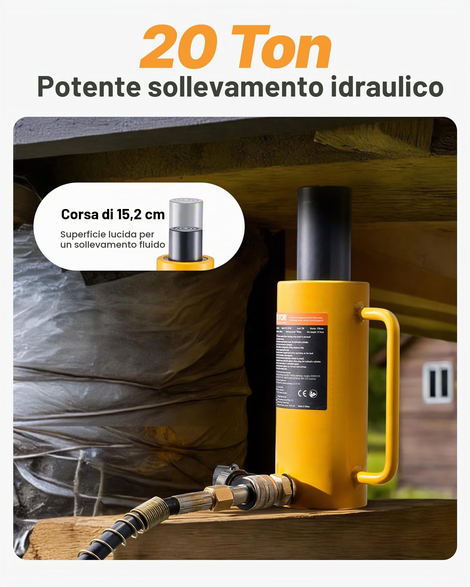 VEVOR Cric a Cilindro Idraulico, Cilindro Idraulico a Ram Solido da 20 Tonnellate, Cilindri di Sollevamento Idraulici a Cric Solido Portatile con Attacco Rapido