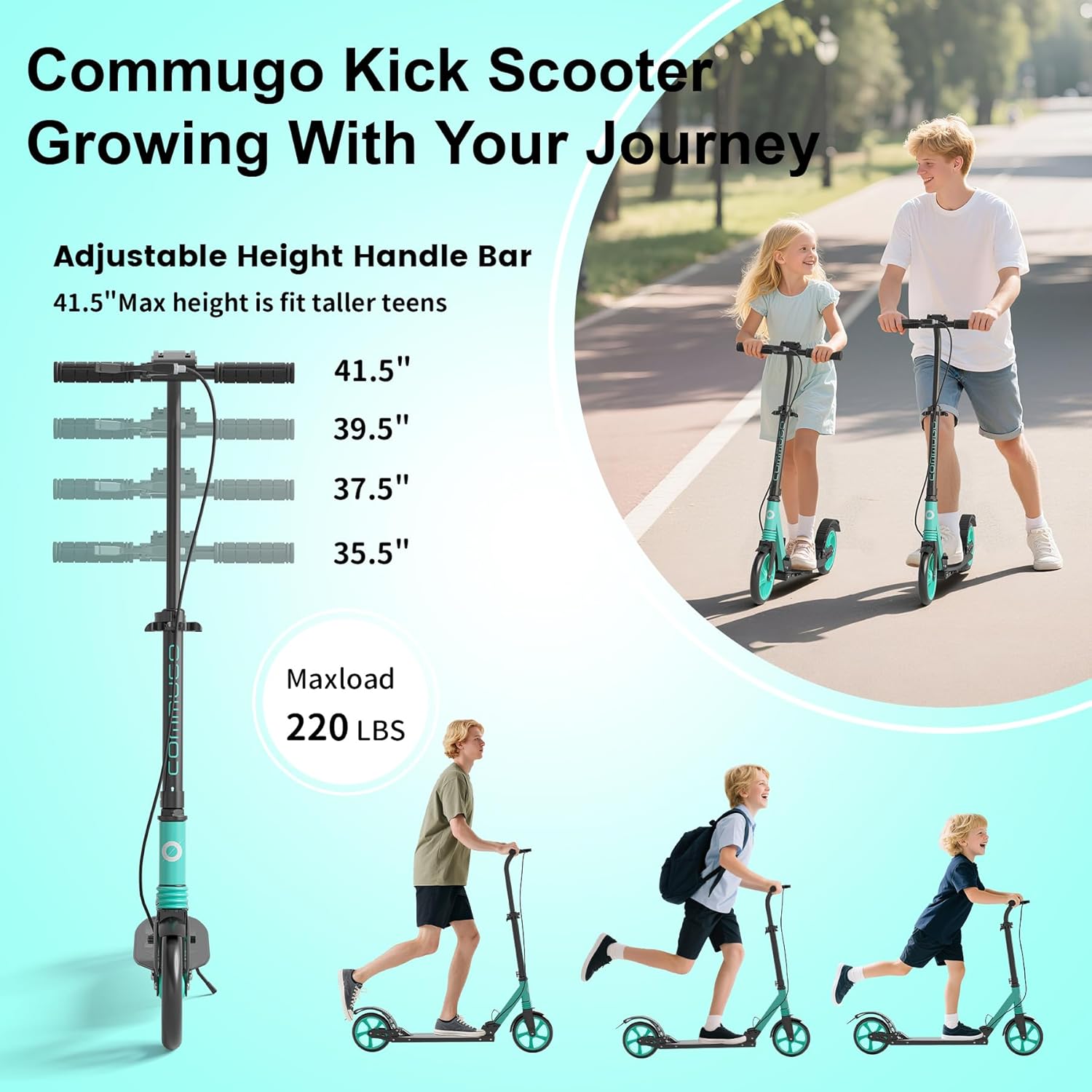 Kick Scooter with Dual Brakes for Kids Age 8+, Teens, Adults, Dual Suspension Foldable Lightweight Scooter with 8 Inch Big Wheels, Max Load 240 LBS Wide Deck - Image 3