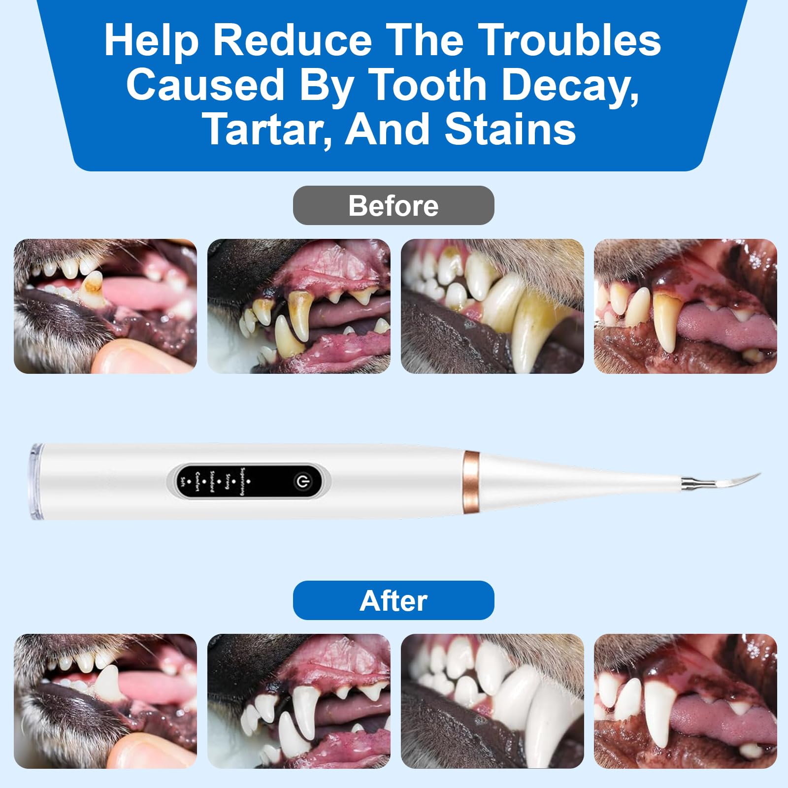 Limpiador Dental Ultrasónico para Perros y Gatos Blanco – 5 Modos con LED, Detección de Encías, IPX7, Recargable USB-C, Kit Completo