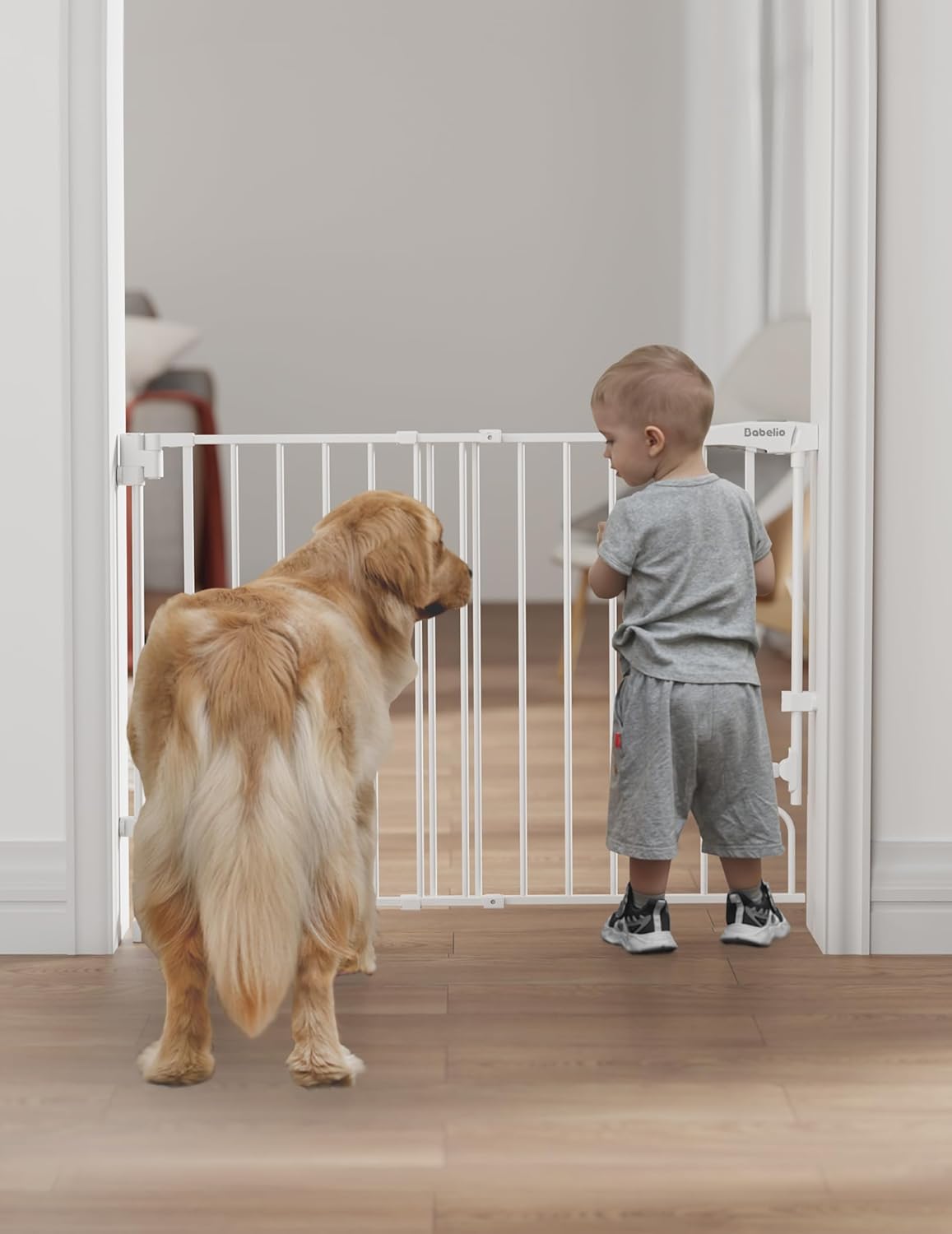 Babelio Removable & No Bottom Bar Baby Gate, 35.5-55" Hardware Mounted (Drill Needed)| Wide Walk-Thru| Auto-Close Safety Dog/Pet Gate for Stairs & Doorways (White, 35.5-55" W, 30" H)