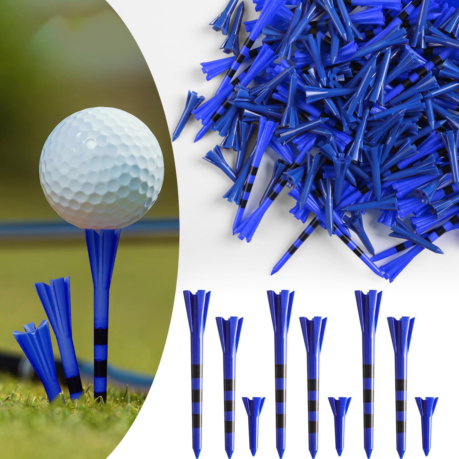 FINGER TEN Unbreakable Golf Tees Plastic 40 Pcs 3 1/4" With 40 Pcs 2 3/4" And 20 Pcs 1 1/2" Assorted Pack, Low Resistance & Consistent Height Long Short Tees With Bright Colors (Blue)