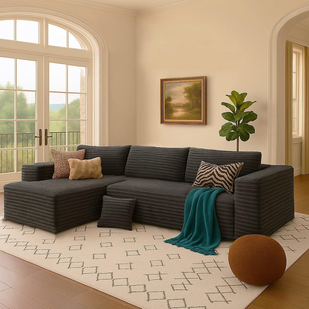 COMHOMA 105”Modular Sectional Sofa with Deep Seat,Cloud Upholstered L-Shape Couch Wide Arms Corduroy Fabric High-Density Foam Chaise Lounge for Living Room No Assembly Required