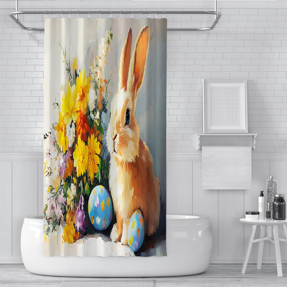 Pisanki Zasłony Prysznicowe Portret Królika Zasłony Prysznicowe Kwiatowy Bukiet Tło Retro Zasłony łazienkowe Boho Zmywalny 180 x 200 cm
