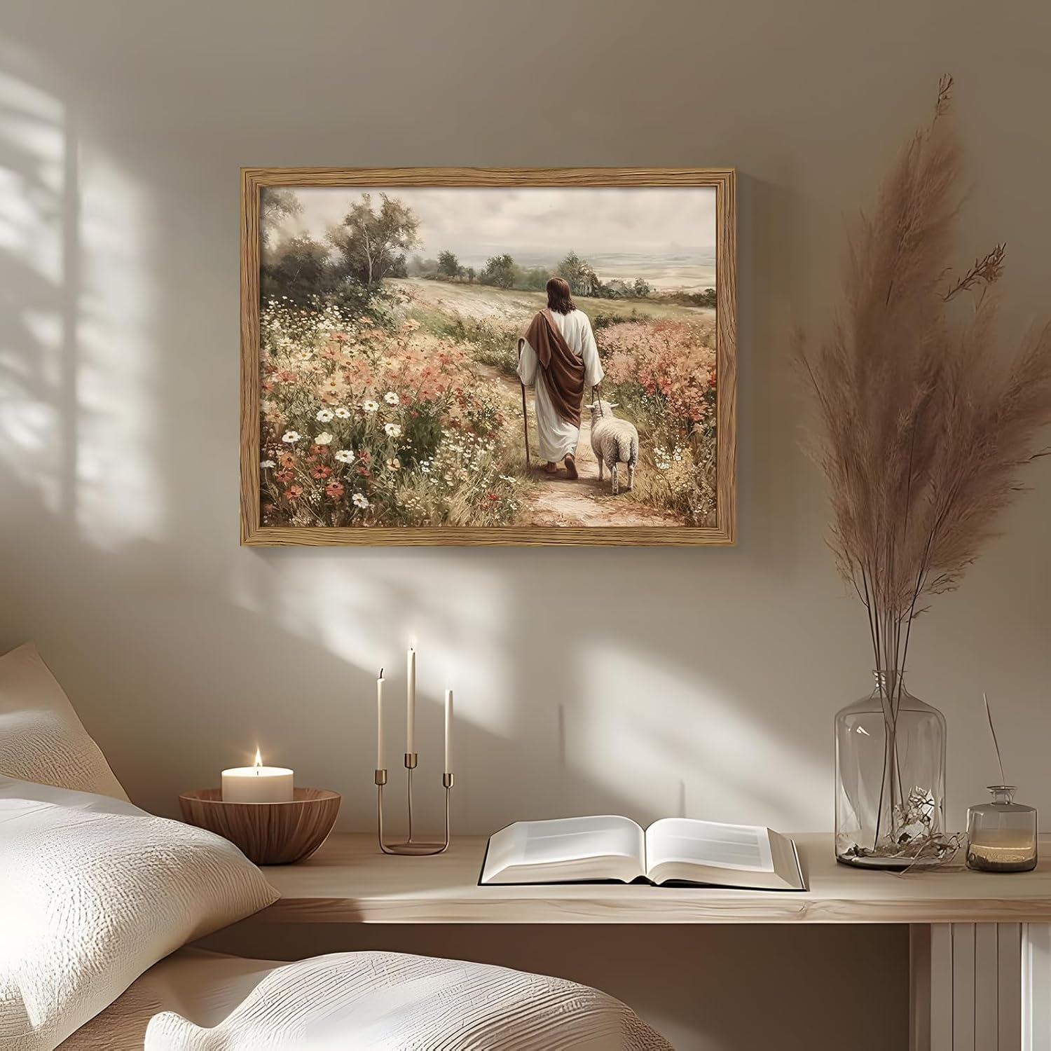 Framed Jesus And Lamb Wall Art, Christian Pictures Wall Decor, God Faith Paintings, Catholic Canvas Prints, Religious Spiritual Artwork for Church Bedroom Living Room Home Decor 16x24 Inch