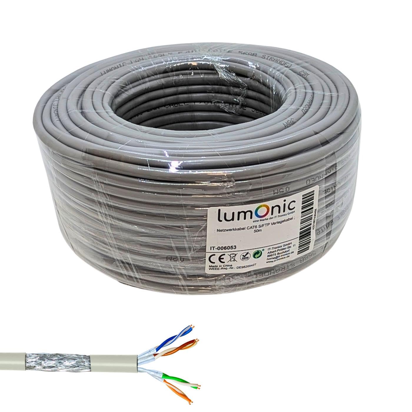 Lumonic 50m Câble de réseau CAT 6 S/FTP PIMF I Cat6-câble, Gigabit Lan Câble, Ethernet Câble I Câble de pose flexible blindé, pour l'intérieur jusqu'à 250 MHz