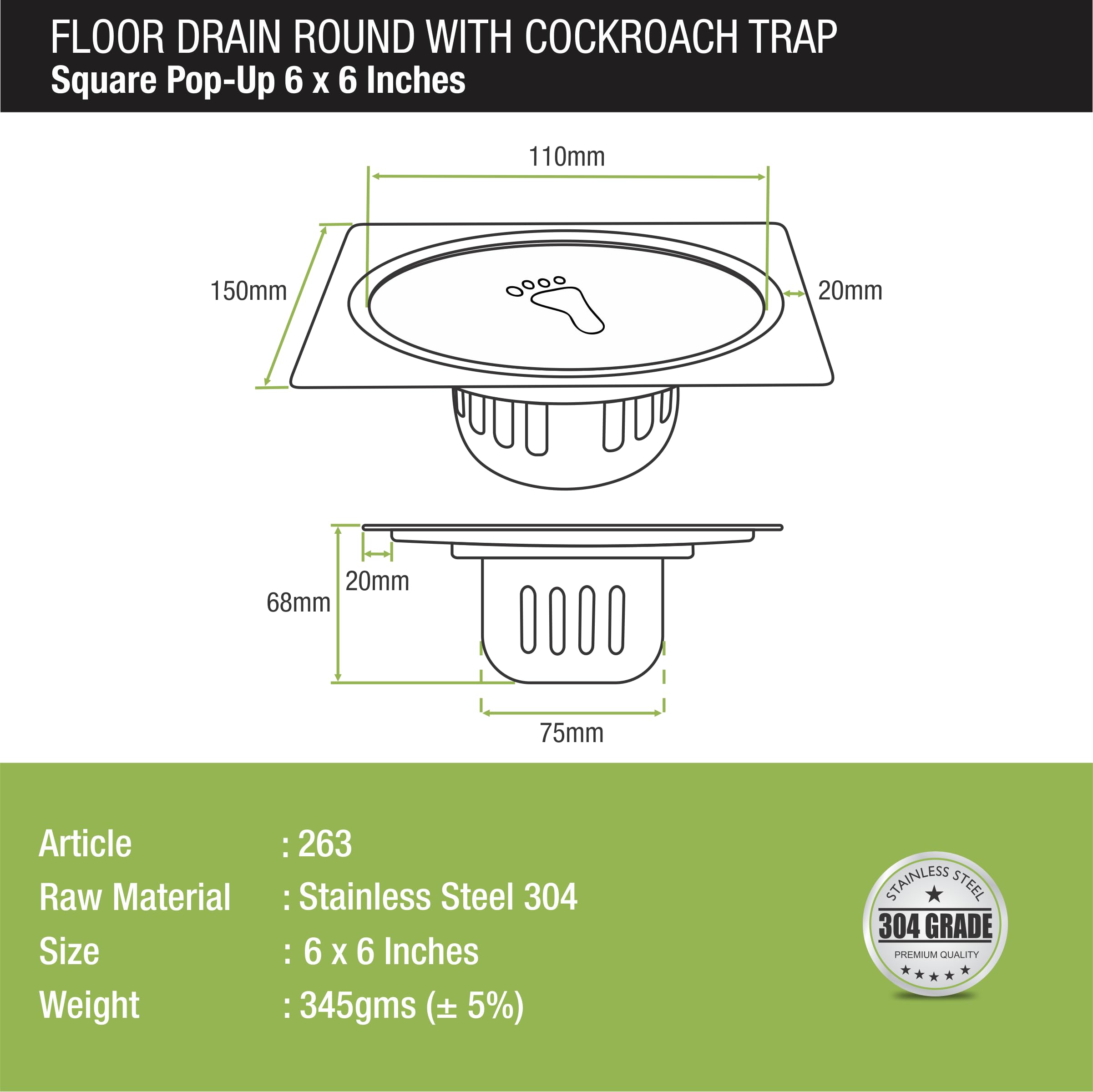 LIPKA Square Pop-up Floor Drain |304-Grade Stainless Steel |6x6 Inches| with Cockroach Trap/Jali | — Amazon image 2