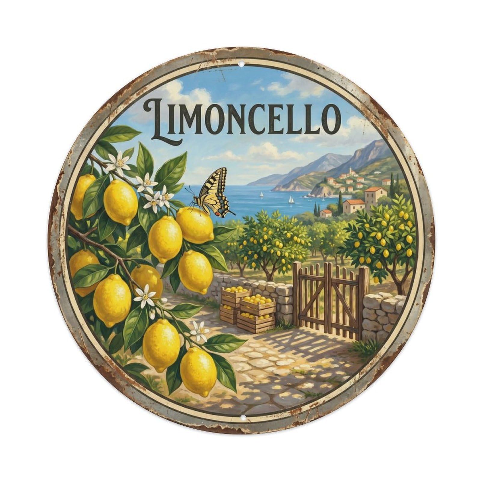 Fresh Limoncello Orchard Vintage Metal Tin Sign Plaque Wall Decor for Cafe, Club, Garden Round Metal Poster 8x8Inch