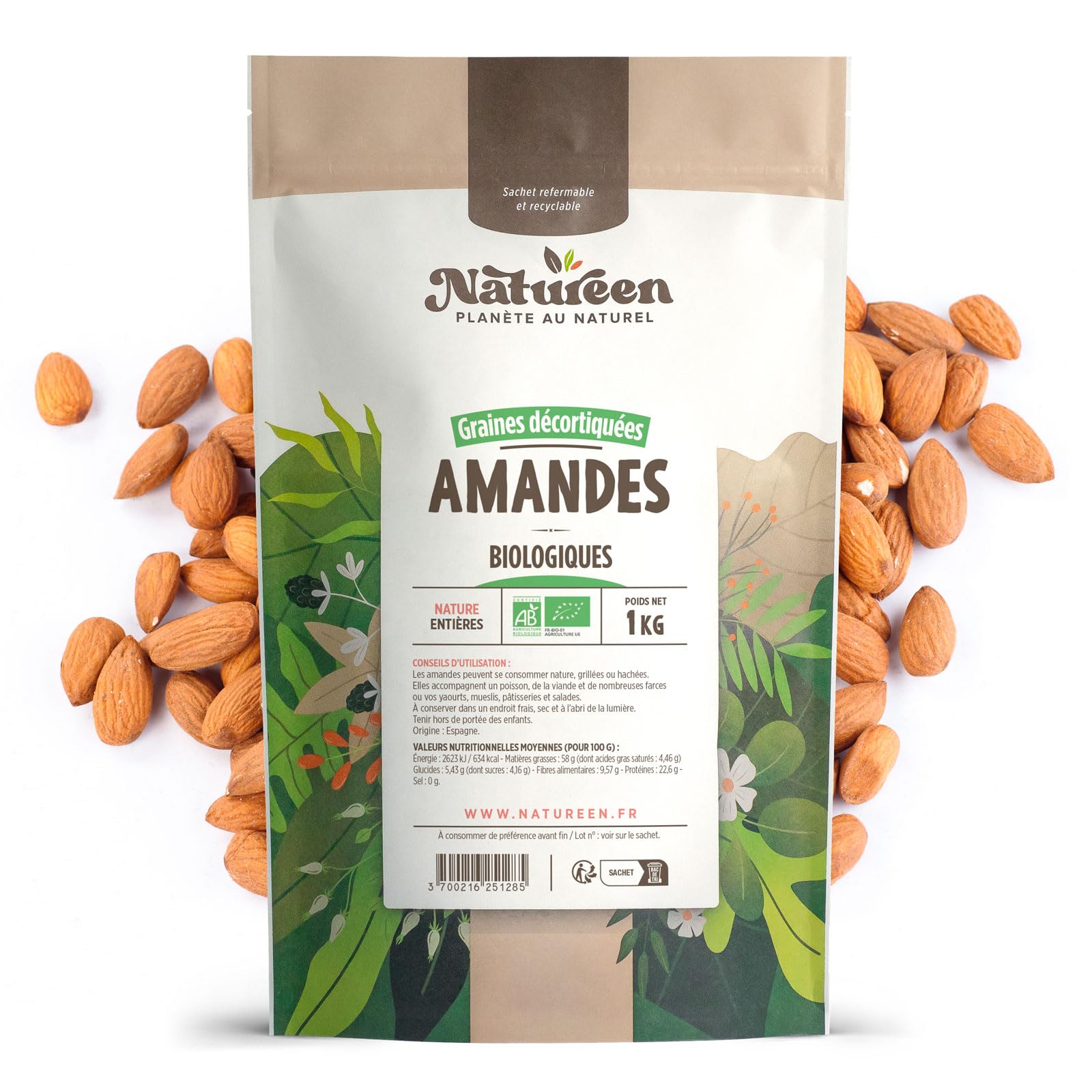 Amandes Entières Bio Décortiquées - 1 kg