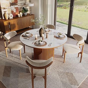 POVISON Round Glossy White Dining Table for 4, 47" Sintered Stone Tabletop Dining Table with Solid Wood Stable Crafted Base Table Only