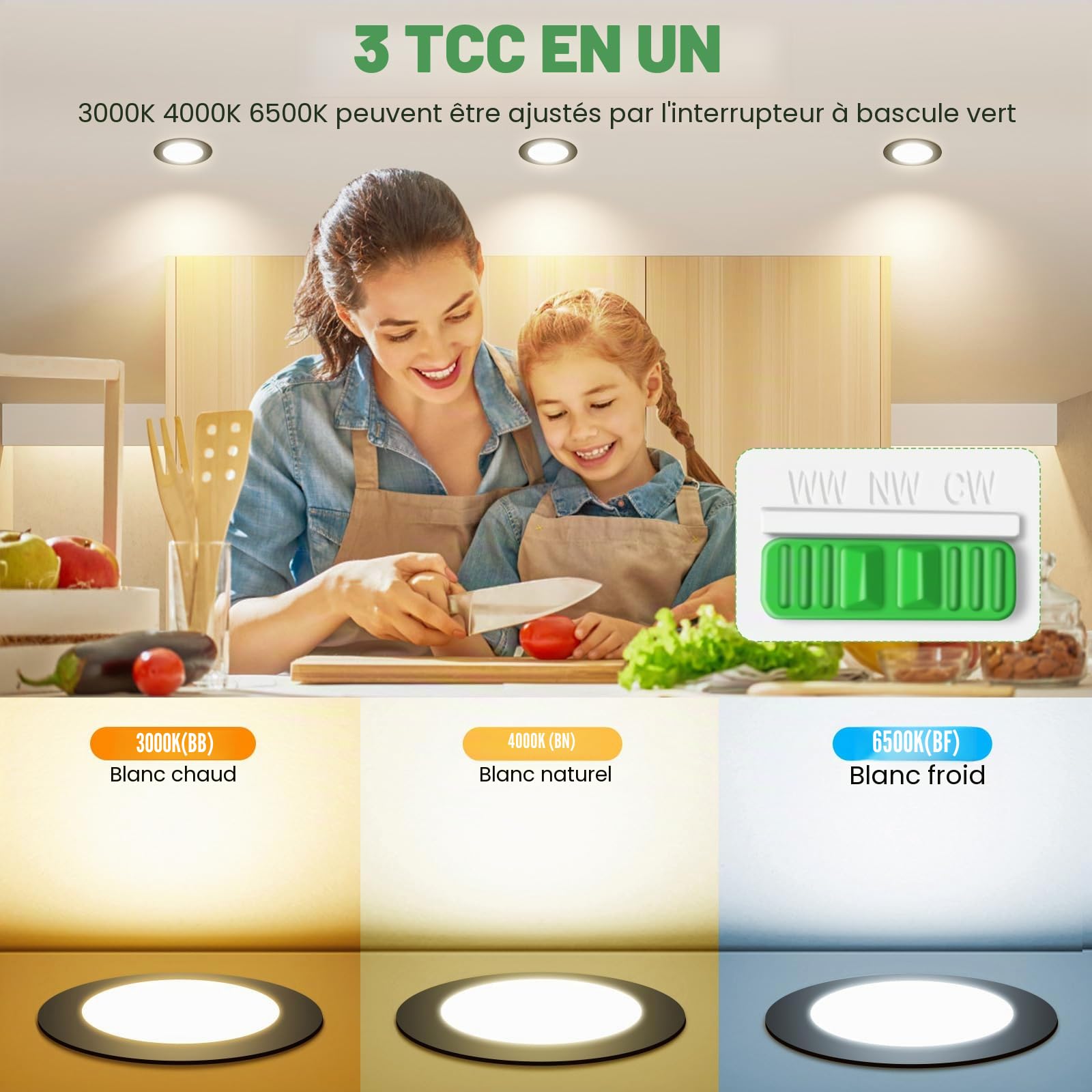 ALUSSO Spot LED Encastrable Extra Plat, 10W 1050LM Dimmable IP44 Spot Etanche Salle de Bain, 3CCT Blanc Chaud 3000K Blanc Neutre 4000K Blanc Froid 6500K, Trou Φ90-100MM, AC220-240V, Noir, Lot de 12