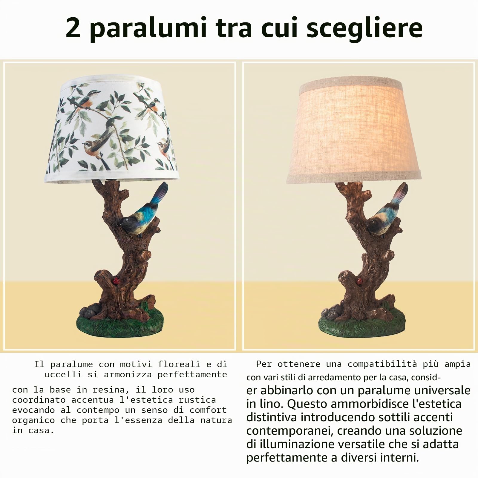 FIRVRE Lampada da Tavolo in Stile Rustico, Lámpara Mesita Noche Vintage con Base in Resina e Paralume in Lino, Lampada da Salotto Personalizzata Ispirata alla Natura, con Elementi di Design Aviarie