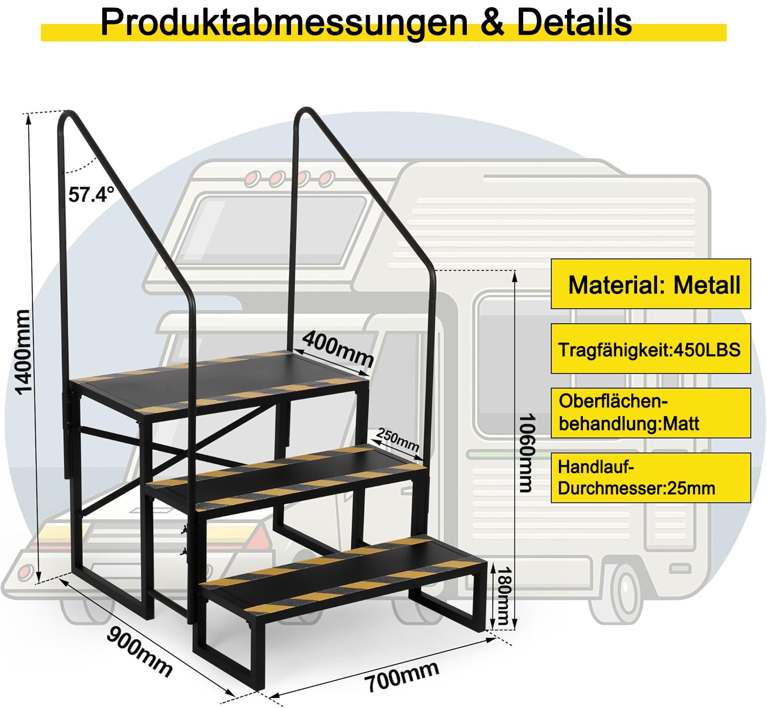 Wohnmobil-Treppe 3-stufige, Wohnmobil-Stufen 200 kg Tragkraft für Wohnwagen Camping, mit 2 Handlauf Trittstufe, rutschfest Tritthocker, RV Steps, Reiseanhänger