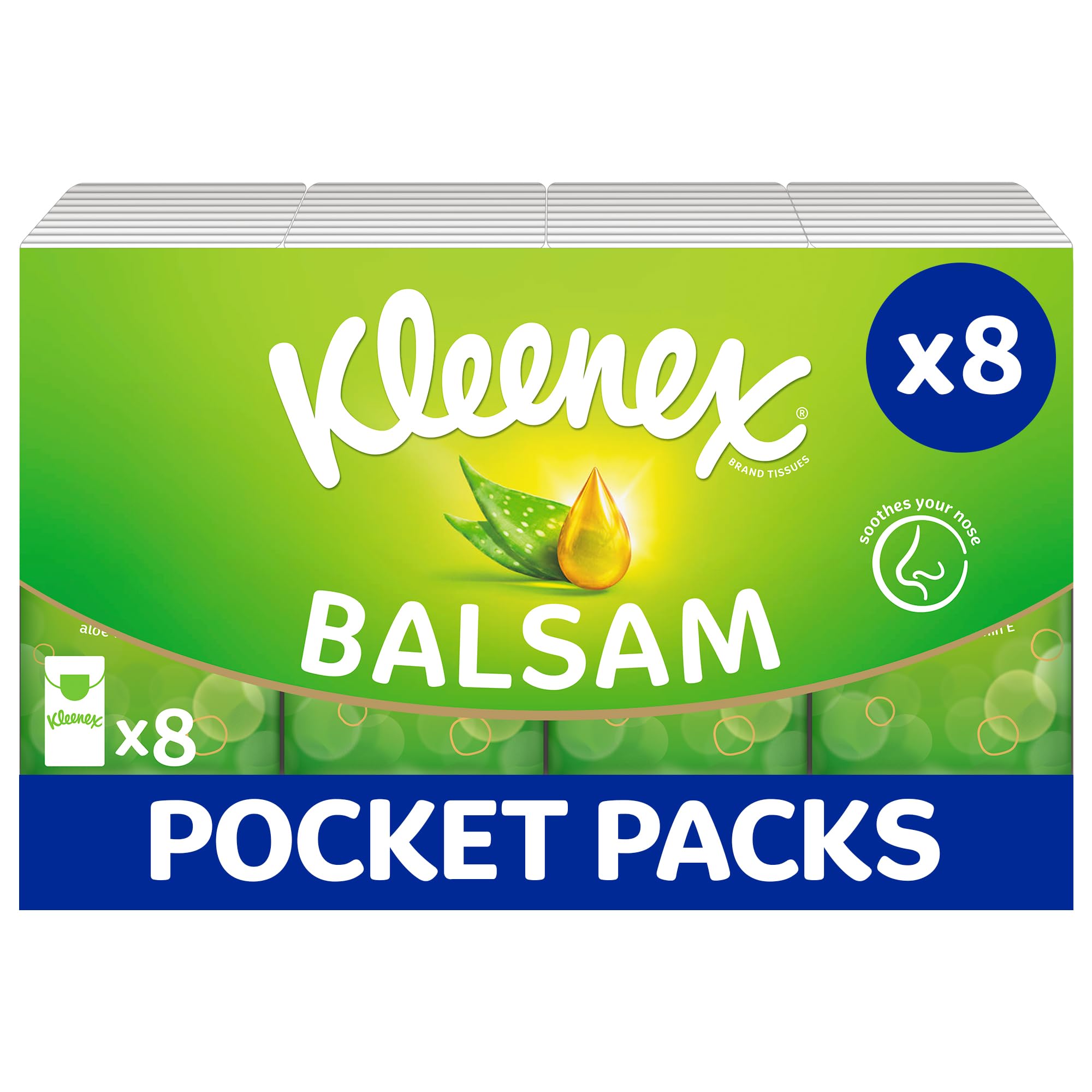 Kleenex Balsam Pocket Tissues, 8 Pocket Packs of Travel Tissues, Balmcare to Protect and Soothe Your Nose for Cold & Flu