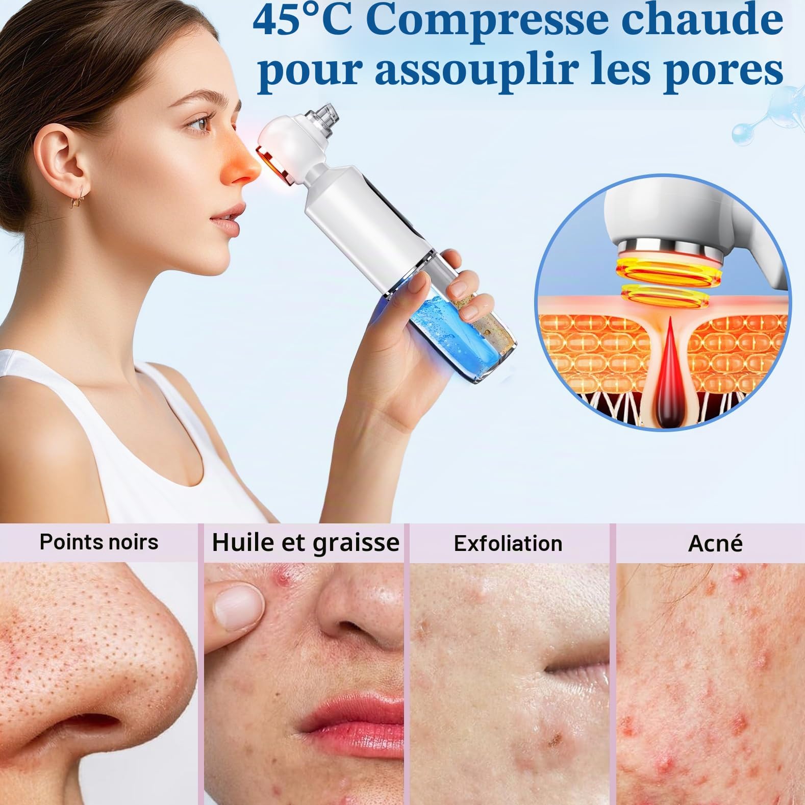 Aspirateur Points Noirs, Extracteur Points Noirs Visage, 4 Modes, 6 Sondes, 75 kPa Super puissance d'aspiration pour le Nettoyage du Visage, Traitement de l'acné et Soins de la Peau