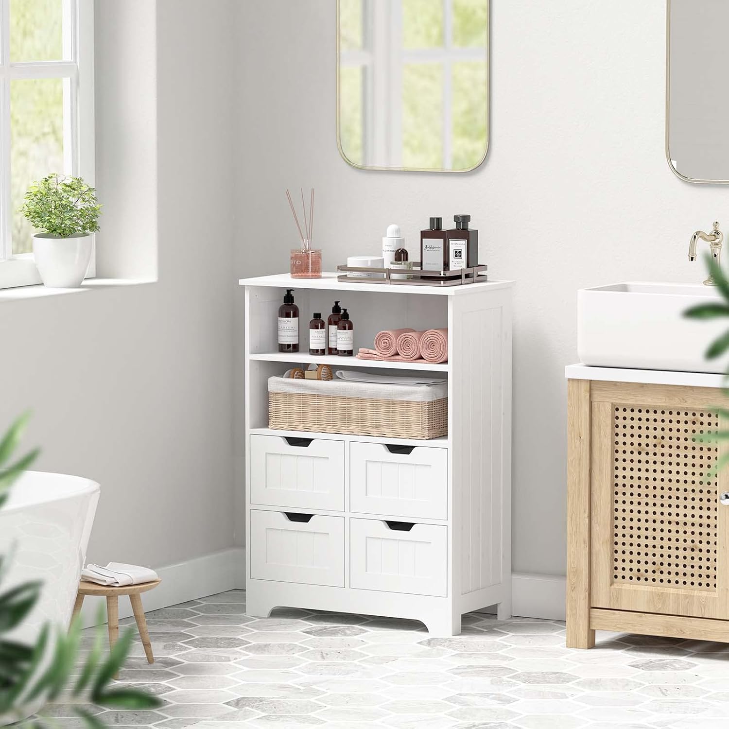 iHomy Bathroom Storage Cabinet Wood Floor Cabinet Storage Organizer Cabinet with 4 Drawers and 2 Shelves Standing Cabinet for Bathroom, Living Room and Hallway : Home & Kitchen