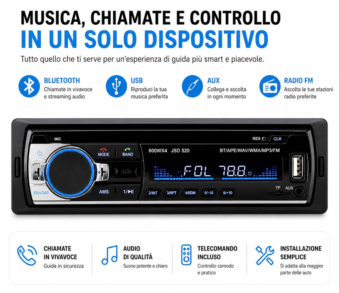 Autoradio Bluetooth 12V 4x60W Stereo Lettore MP3 Supporta Chiamate in Vivavoce Porte USB FM TF AUX in con Telecomando, Autoradio 1 Din