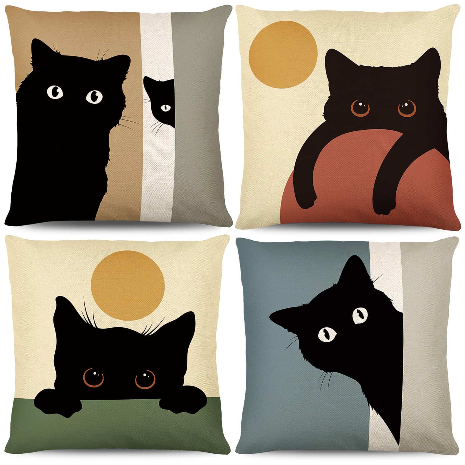 Bigqin Decorative Cat Pattern Pillow Covers, 4-Pack Cute Cat Pillowcases Sofa Cushion Pillow Covers for Cat Lovers, Modern Linen Pillow Cover Decor for Bedroom Sofa - 45 x 45 cm — image 1