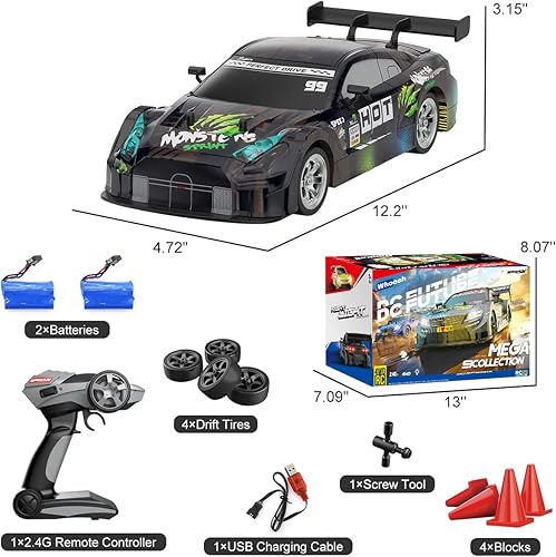 Miniatura 7 de Dollox Auto RC Drift a escala 116, auto de control remoto de 2.4 GHz, 4 WD, 30 KMH, vehículo de alta velocidad con luces LED, neumáticos adicionales
