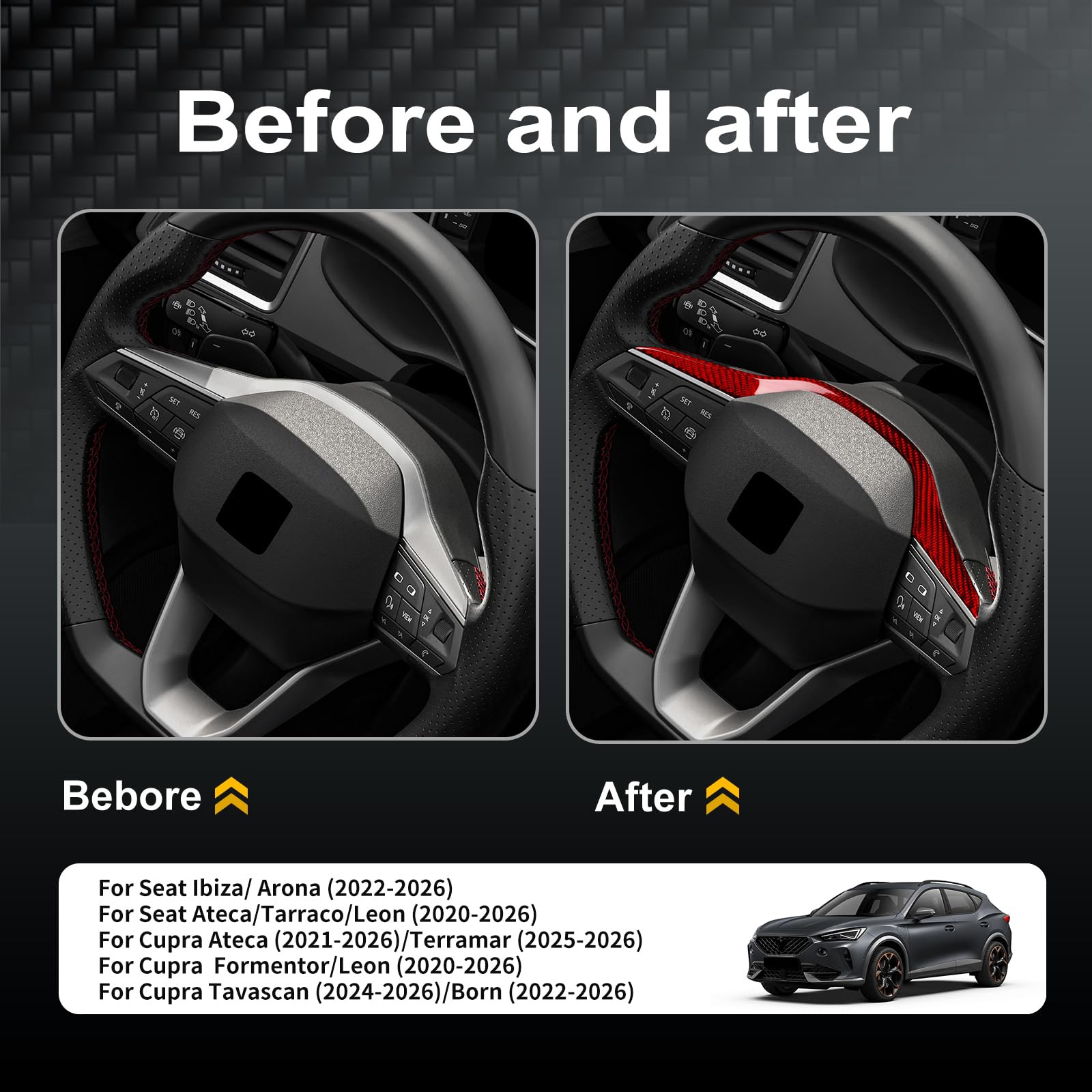 KUNGKIC Para Seat Ateca/Tarraco/Seat Leon Cupra Formentor Cupra Leon 20 – 26, Ibiza/Arona/Cupra Born/Ateca/Terramar/Tavascan Dry Fibra de Carbono Coche Carenado Volante Moldura Accesorios (Negro