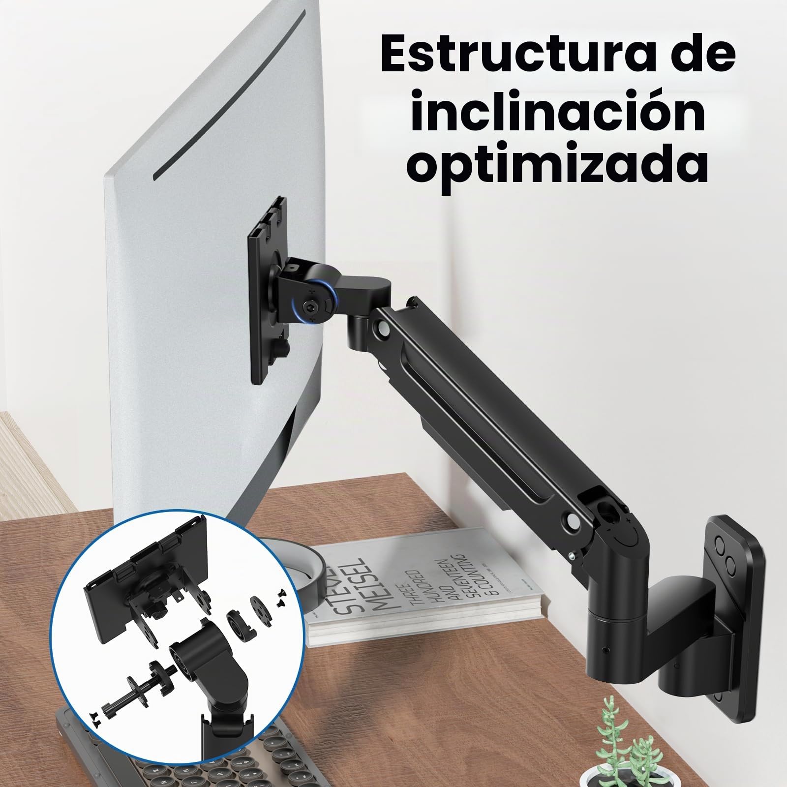 PUTORSEN Soporte Monitor Pared de 17 a 49 Pulgadas hasta 20 kg, Brazo Monitor Pared con Resorte de Gas Completamente Ajustable, Inclinación y Giro, Altura Ajustable, VESA 75/100 mm