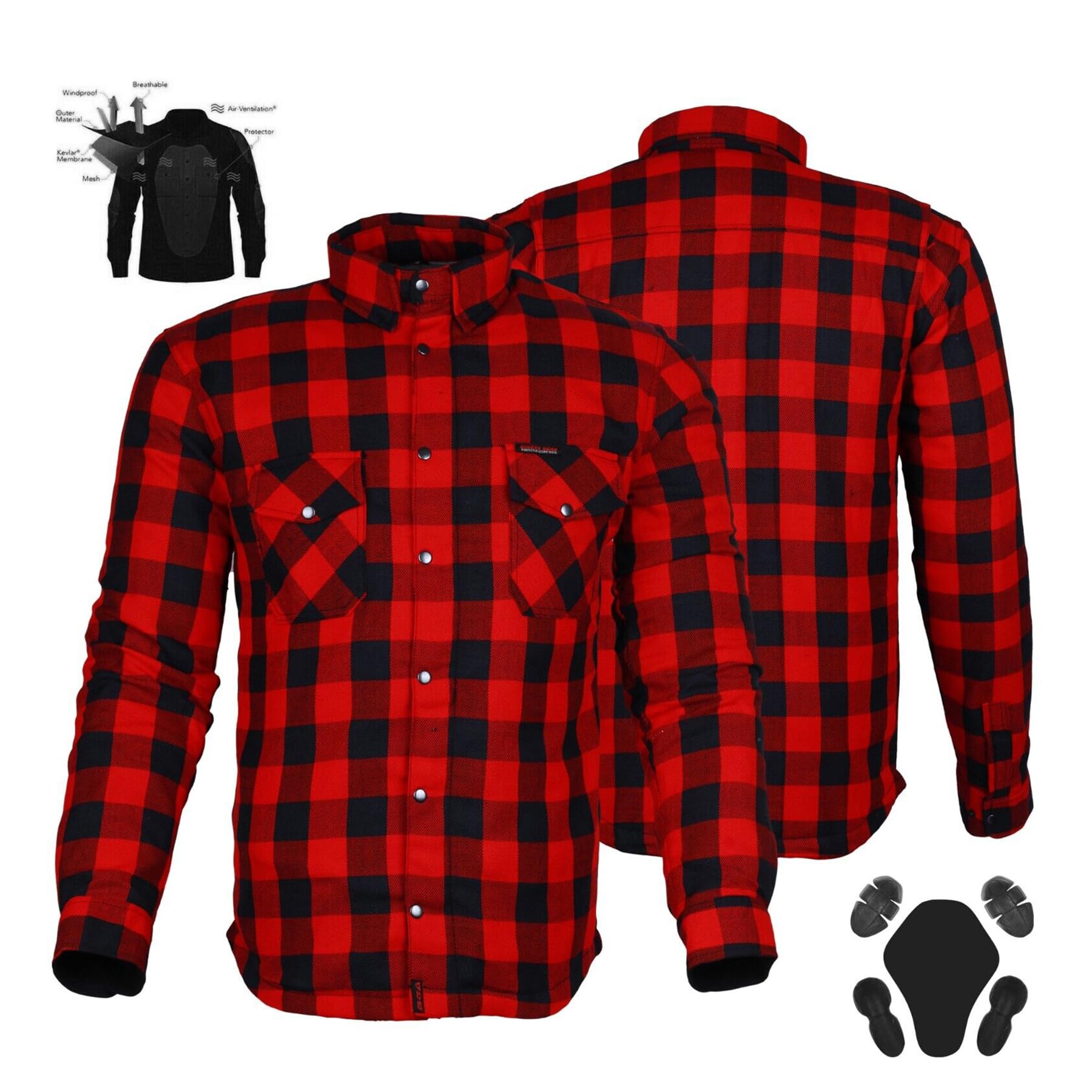 Bikers Gear Australia Motocyklowa koszula flanelowa z podszewką aramidową z kevlaru, czerwona/czarna, z CE 1621-1, zdejmowana pancerz, rozmiar XL