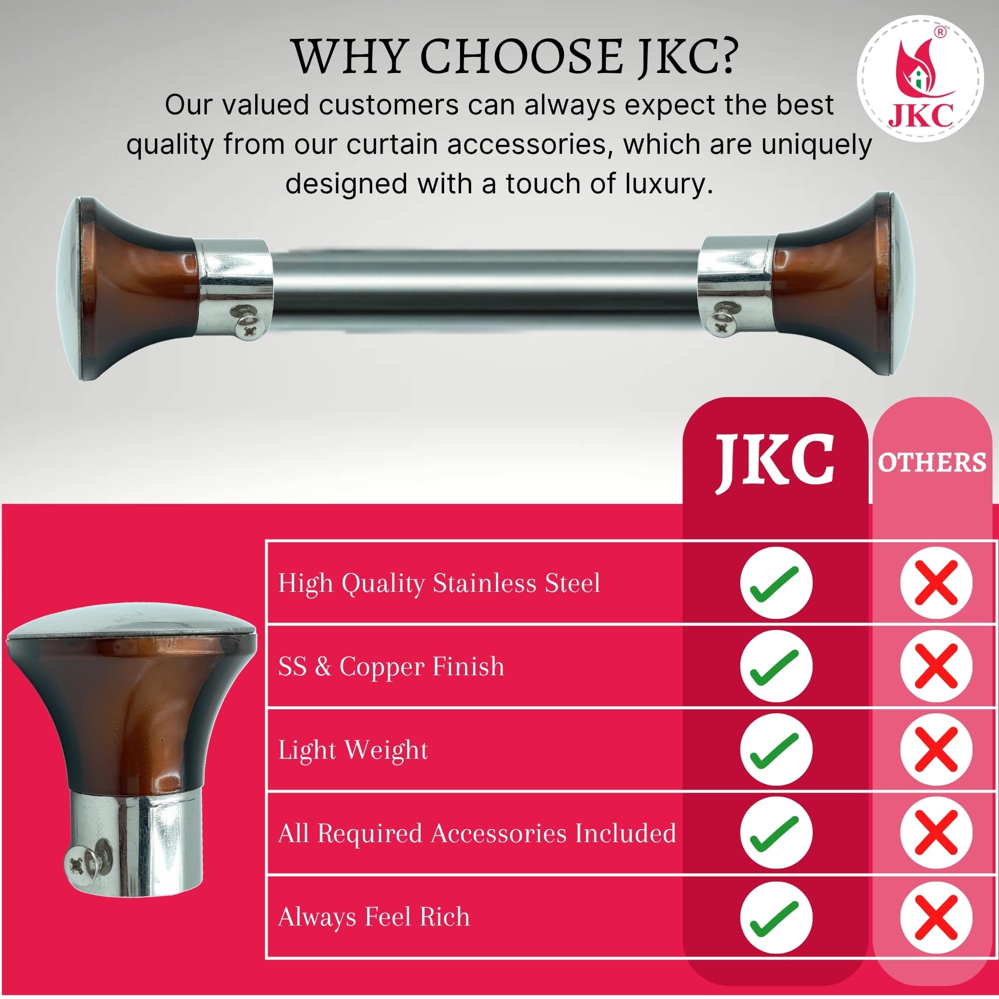 JKC SS Wooden Finish Curtain Brackets, Curtain Knobs Set, Curtain Rod End Cap (Brackets - 6 Pcs) 2