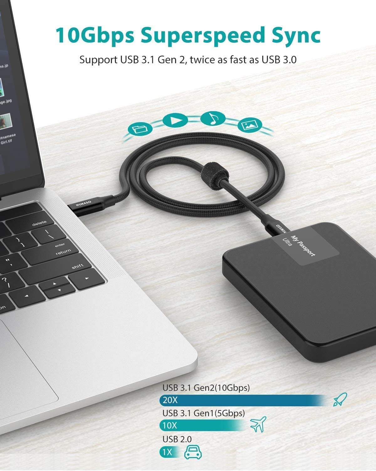 NIMASO USB C 3.1 Gen 2 Cable 10Gbps Data Transfer, 4K Video Output Monitor Cable100W PD Fast Charging for iPhone 16, MacBook, Huawei Matebook, iPad Pro 2020, Chromebook, KYY, Dell, LG, ARZOPA image 3 of 7 B07VCPC8X1