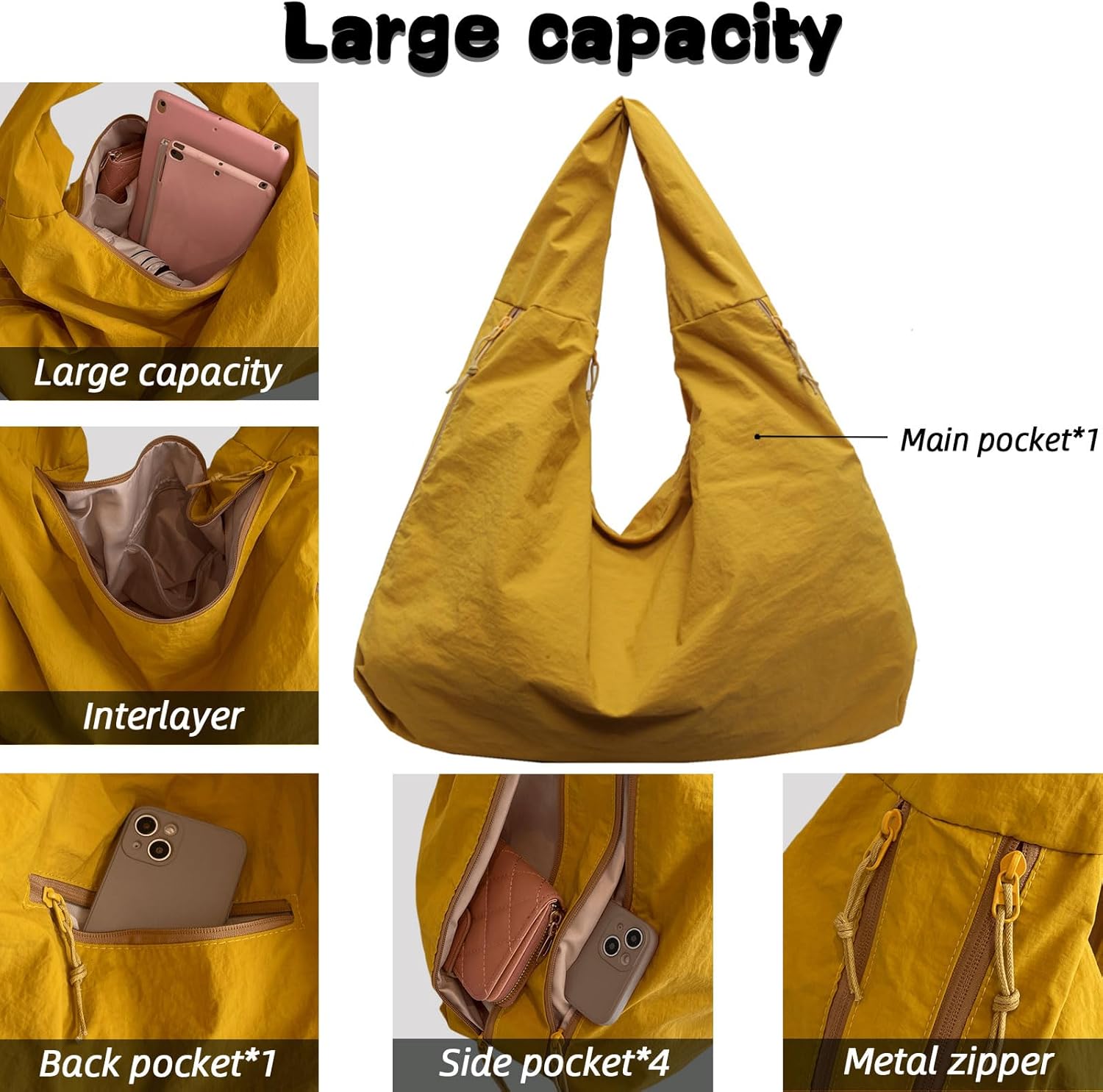 Nylon Tote Bag Large Plain Casual Shoulder Bag Stachel Laptop Bag Travel Daypacks (Yellow)