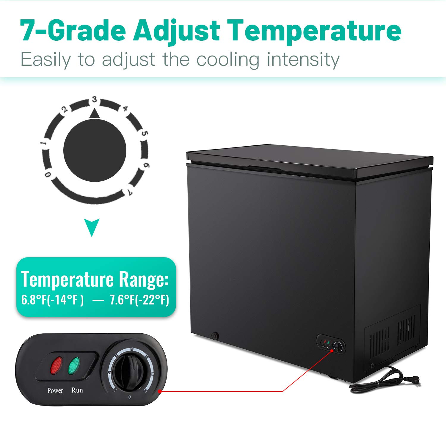 Antarctic Star 7.0 Cu.ft Chest Freezer 6.8℉to -4℉with Removable Basket Free Standing Top open Door Compact Freezer with Adjustable 7 Temperature Defrost Water Drain/Power Saving UL Certified Black