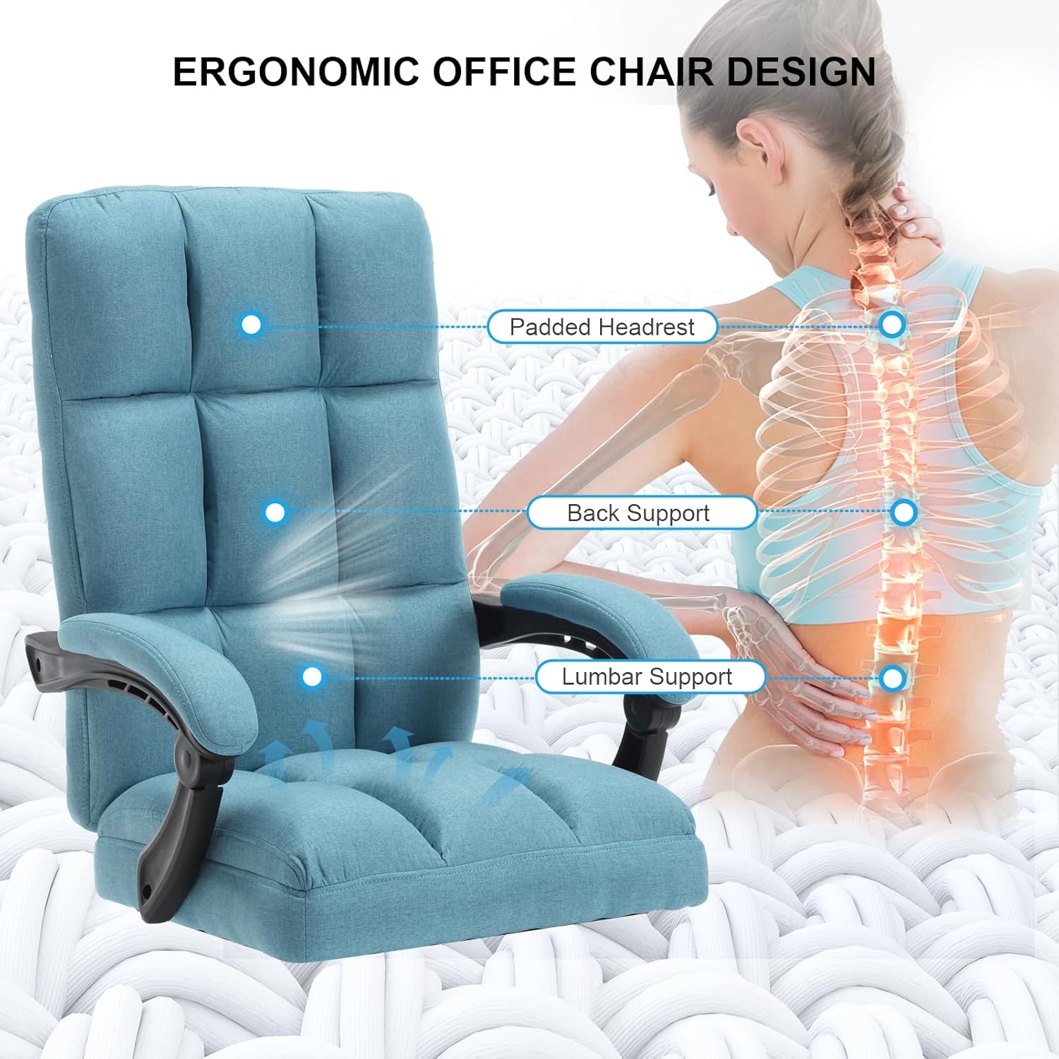 KCREAM Erogonomic Reclining Office Chair with Footrest, High Back Fabric Cute Comfortable Recliner Office Desk Chair with Leg Foot Rest for Women,Blue