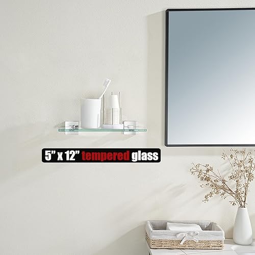 Miniatura 2 de JQK Estante de cristal para baño cromado, almacenamiento de ducha de vidrio templado de 12 x 5 pulgadas, montaje en pared cromado pulido de acero