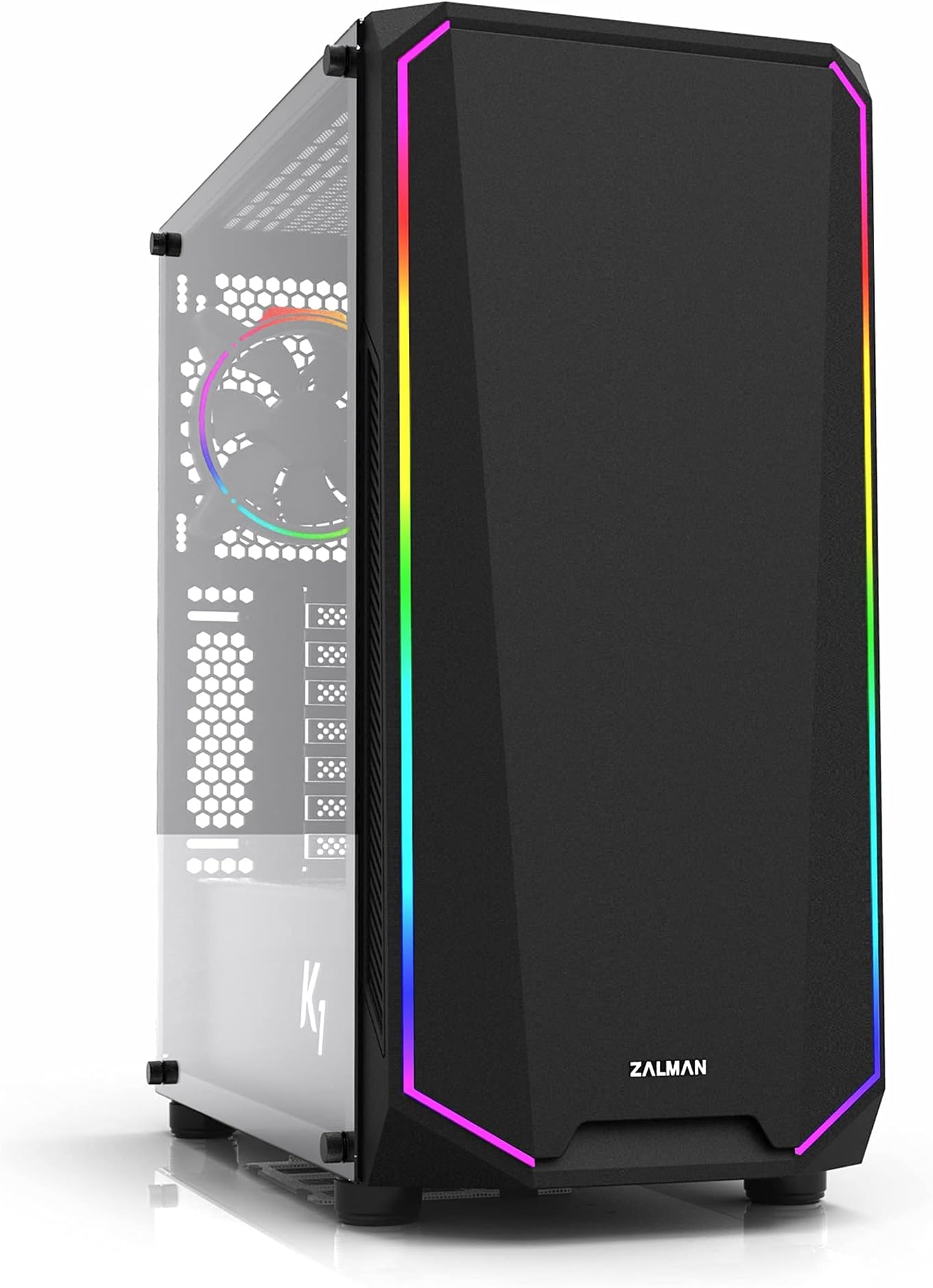 ZalmanK1 Rev. B Mid Tower ATX Gaming PC Case, Addressable RGB Front Panel, Tempered Glass Side Panel, Includes (1x) ARGB 120mm Fan Rear and (1x) Black 120mm Fan Front (aRGB Panel)