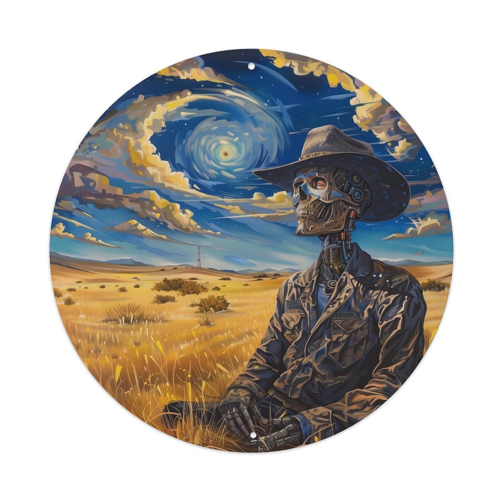 Vintage Art Starry Night Cyborg Cowboy Dream Vintage Metal Tin Sign Plaque Wall Decor for Cafe, Club, Garden Round Metal Poster 8x8Inch