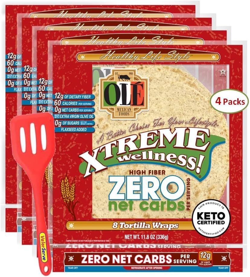 Olé Xtreme Wellness® Soft Taco ZERO Net Carbs | 8" Size Flour Tortillas | 11.8 oz.| 8 Count (Pack of 4) with ValorServe™ Mini Kitchen Utensil
