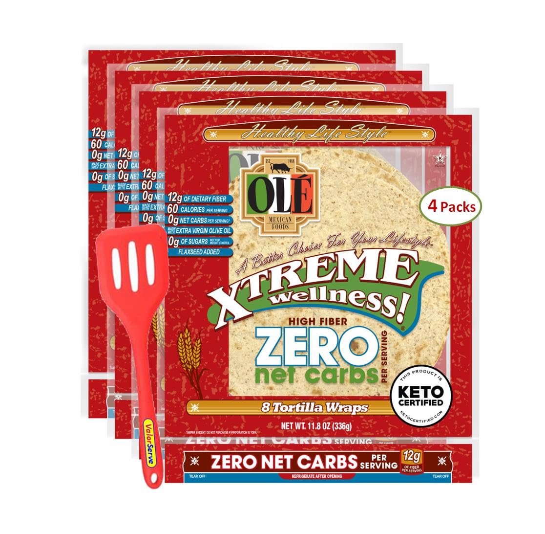 Olé Xtreme Wellness® Soft Taco ZERO Net Carbs | 8" Size Flour Tortillas | 11.8 oz.| 8 Count (Pack of 4) with ValorServe™ Mini Kitchen Utensil