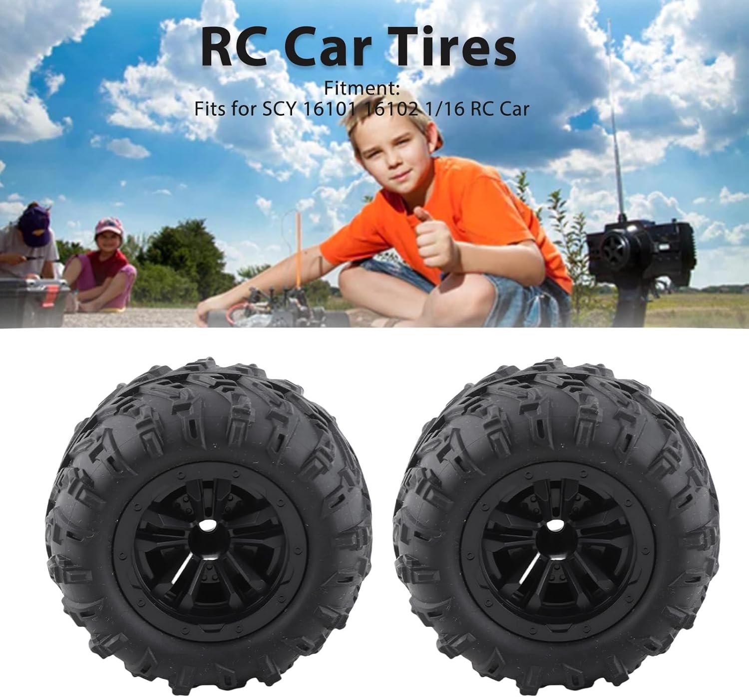 RC Tires, 2Pcs 1/6 Scale 12mm Hex RC Wheels and Tires RC Rubber Wheel Tire Tyre, High Resilience RC Drift Car Tires and Wheel Rims RC Car Accessory for SCY 16101 16102 1/16 RC Car