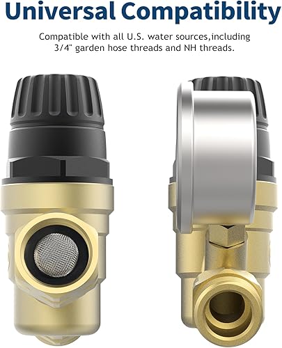 Miniatura 6 de Válvula reguladora de presión de agua para RV, reductor de presión de agua ajustable sin plomo de latón con manómetro y filtro de pantalla de