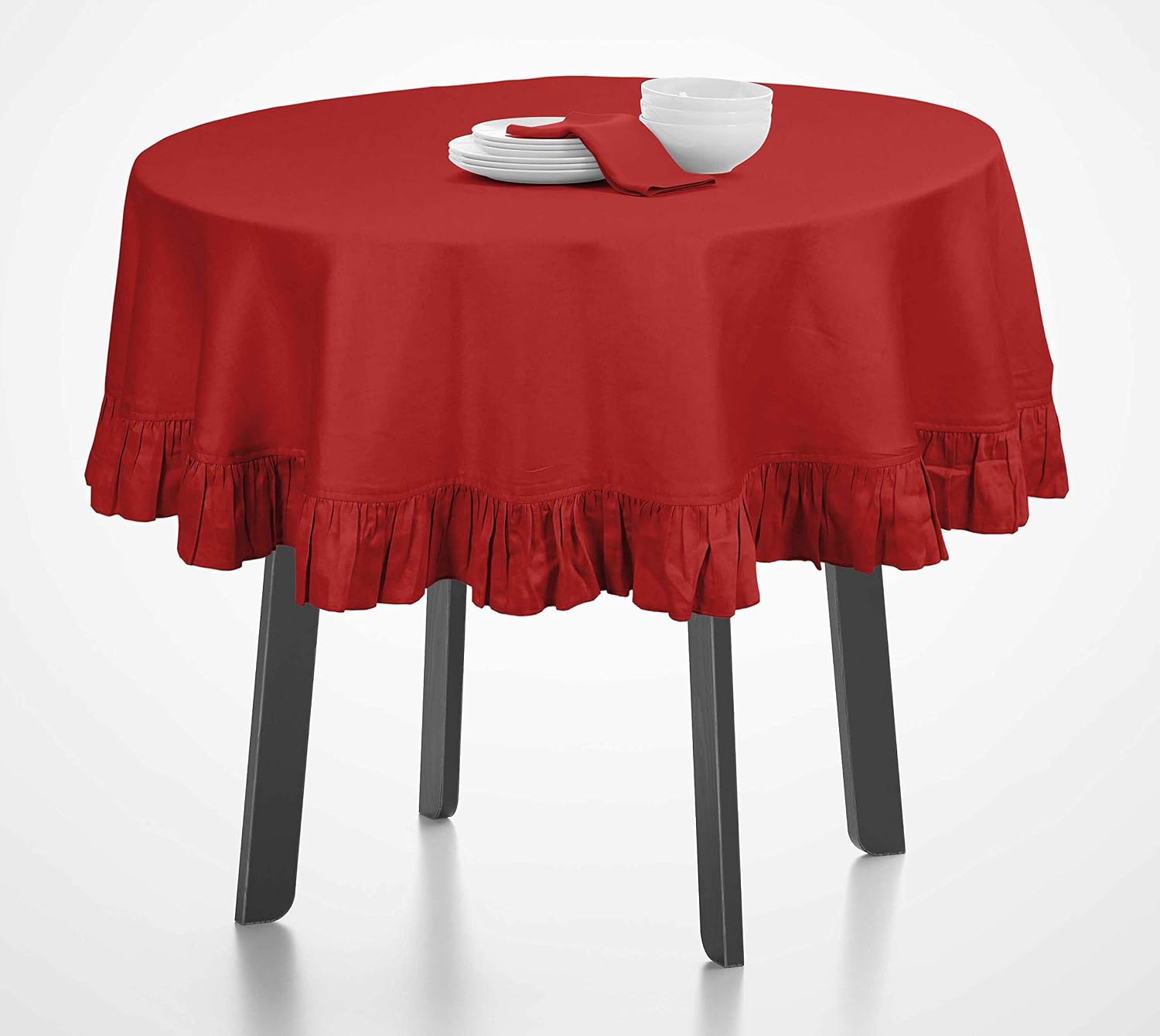 Cotton Table Linens Ruffle Tablecloth, Round Table Cover Protector Solid Tablecloth, Farmhouse Tabletop Washable, Red-54 Inches Diameter