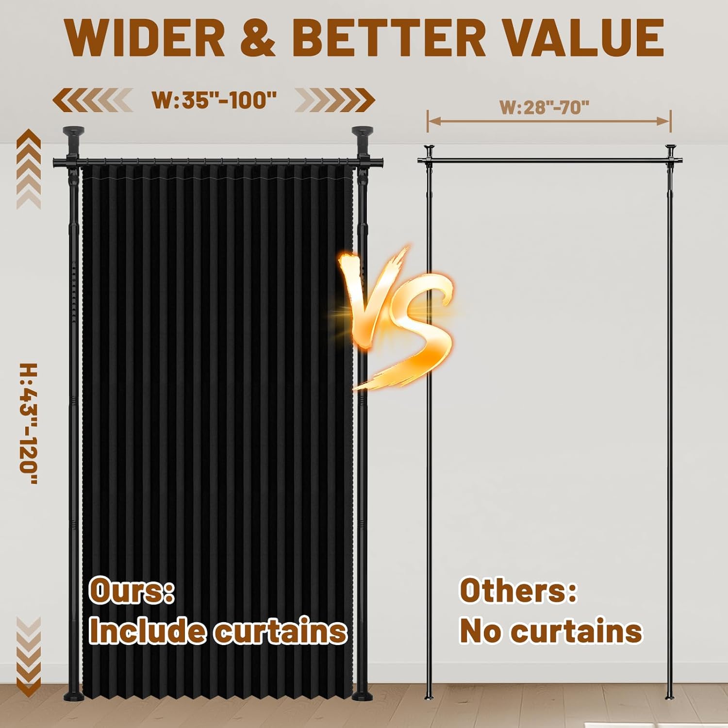 AJAZZ Room Divider Curtain (Black, W100 x L84 in, 1 Panel)+ Tension Curtain Rod No Drilling (H) 43-120×(W) 35-100 in, for Privacy/Soundproof Curtains, Heavy Duty Wall Separator